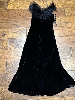 Jeffrey and Dara evenings by Tom Barra velvet maxi dress & faux fur feather trim
